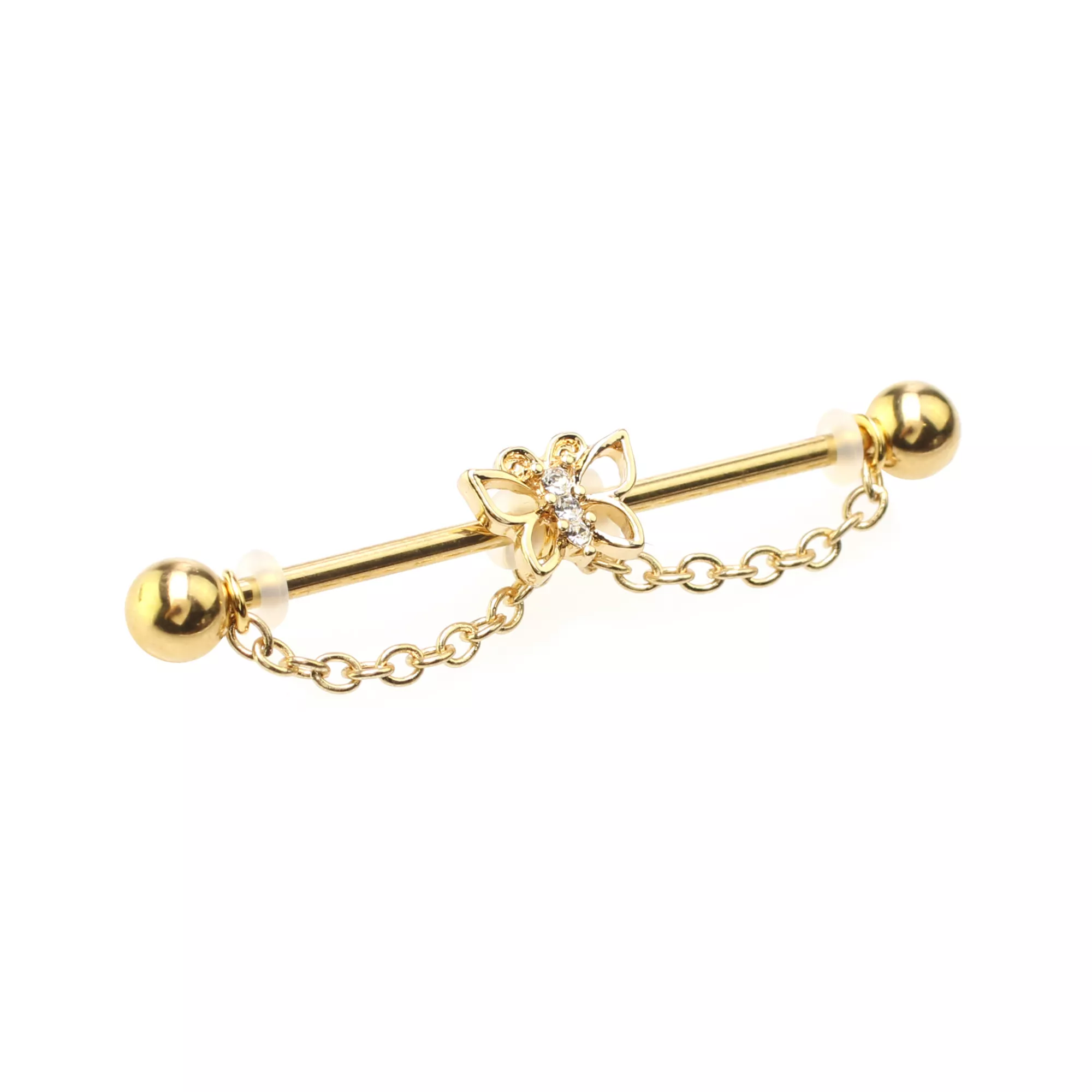 CZ Butterfly Goldtone Chain Dangle Industrial Barbell - 14 Gauge at Spencer's
