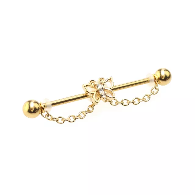 CZ Butterfly Goldtone Chain Dangle Industrial Barbell - 14 Gauge at Spencer's
