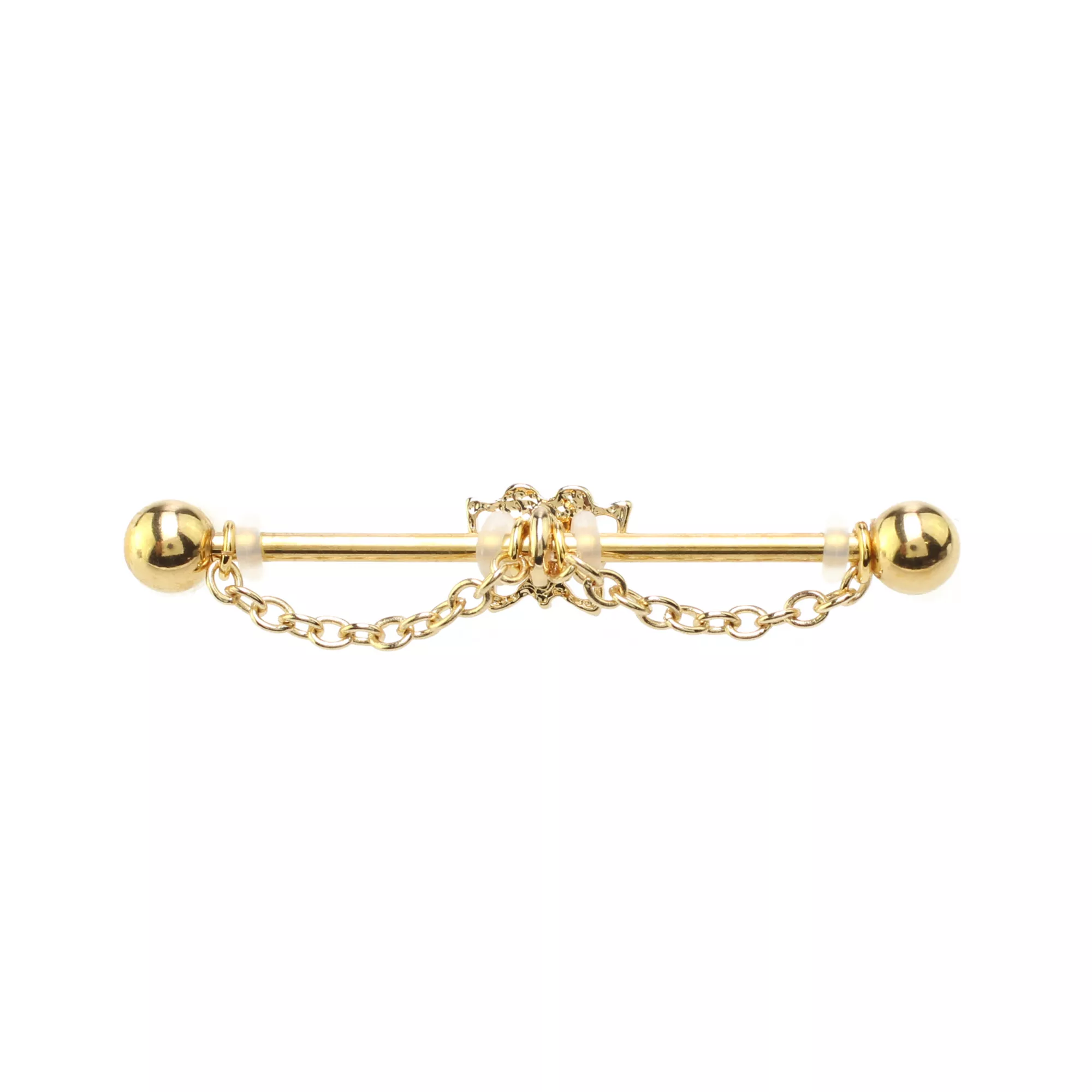 CZ Butterfly Goldtone Chain Dangle Industrial Barbell - 14 Gauge at Spencer's