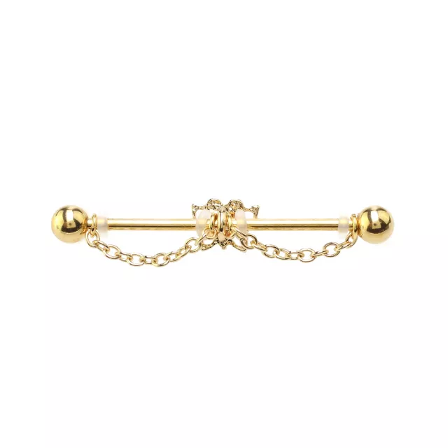 CZ Butterfly Goldtone Chain Dangle Industrial Barbell - 14 Gauge at Spencer's