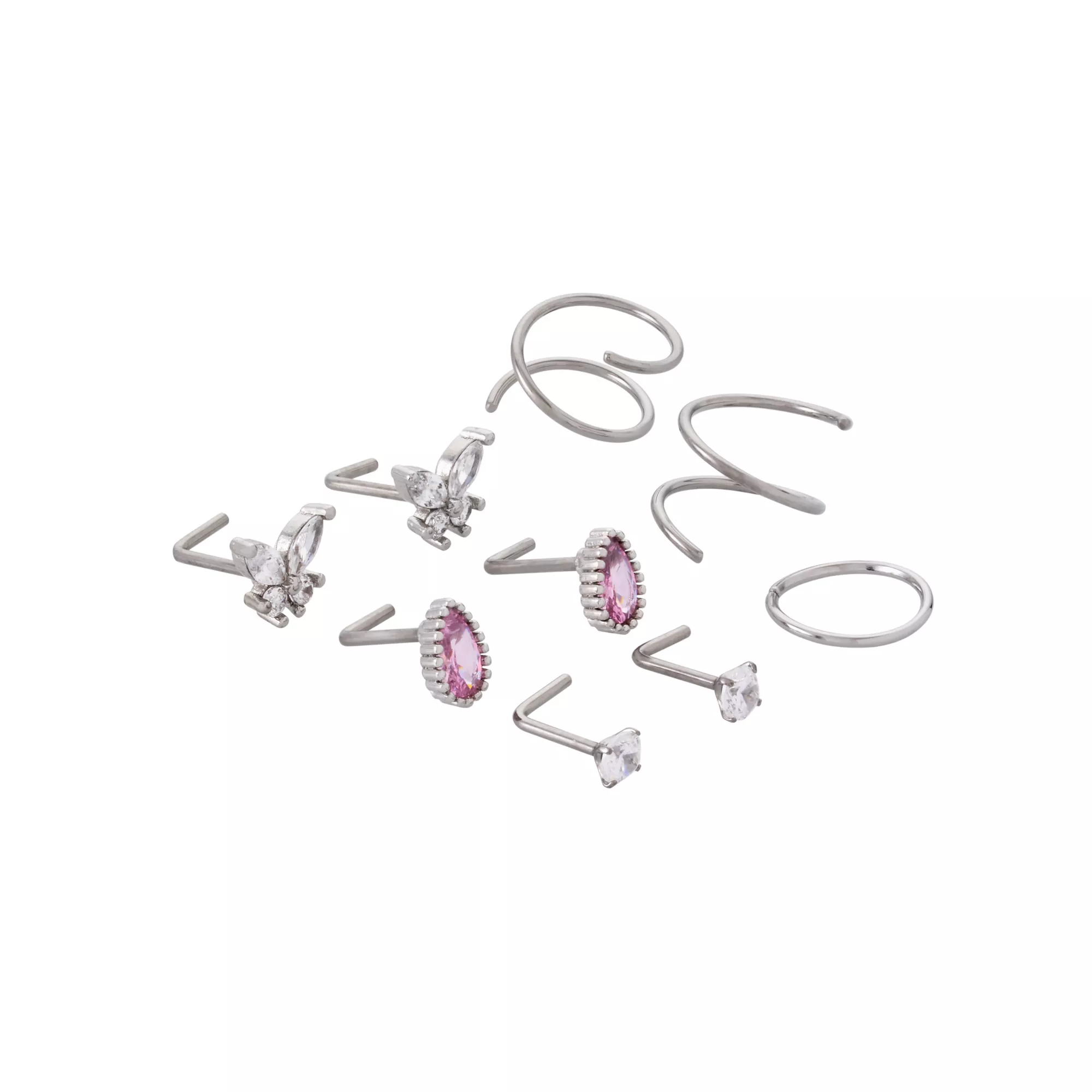 Multi-Pack CZ Pink Titanium Screw Hoop and L-Bend Nose Rings 9 Pack - 20 Gauge at Spencer's