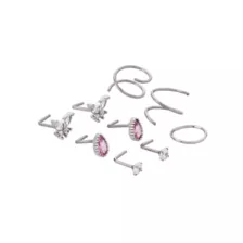 Multi-Pack CZ Pink Titanium Screw Hoop and L-Bend Nose Rings 9 Pack - 20 Gauge at Spencer's