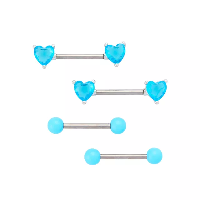 Multi-Pack Turquoise Heart Nipple Barbells 4 Pack - 14 Gauge at Spencer's