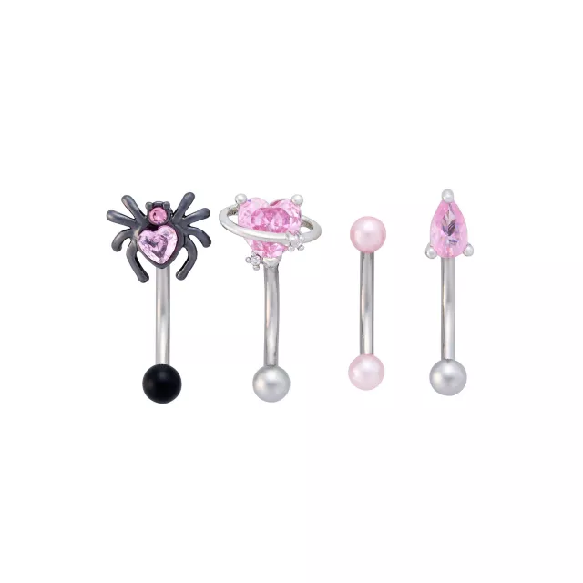 Multi-Pack Silvertone and Pink Spider Heart Curved Barbells 4 Pack - 16 Gauge