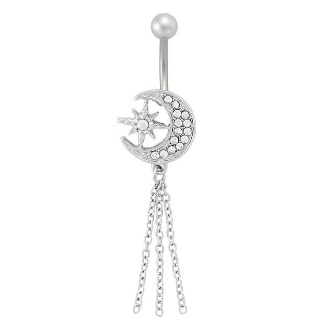 Titanium Moon and Star Chain Dangle Belly Ring - 14 Gauge at Spencer's