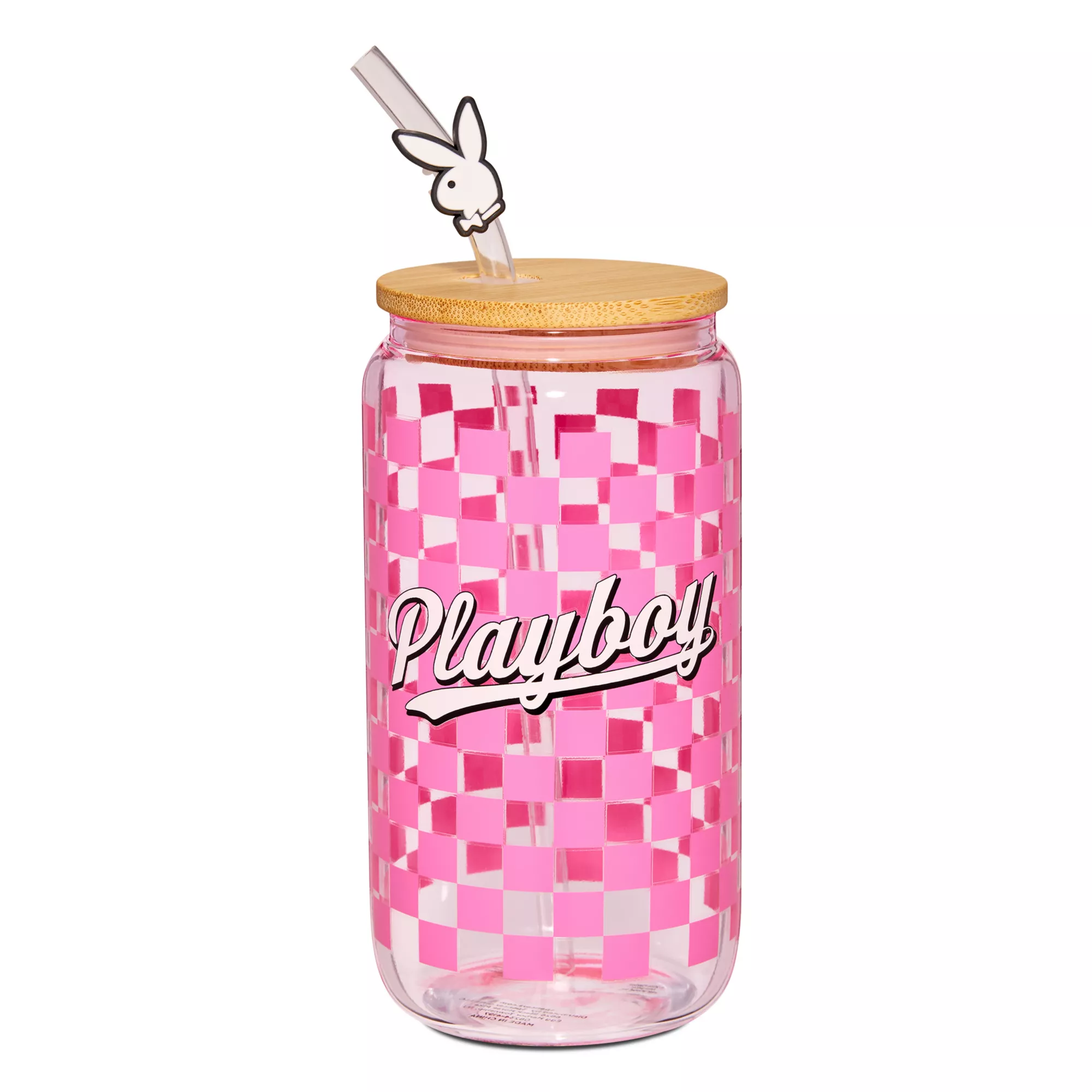 Playboy Checkered Glass Cup with Straw - 16 oz. at Spencer's
