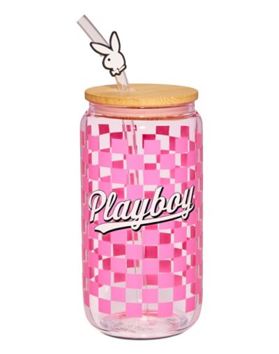 Playboy Checkered Glass Cup with Straw - oz