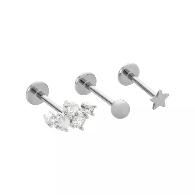 Multi-Pack CZ Titanium Star and Triple Gem Labret Lip Rings 3 Pack - 18 Gauge