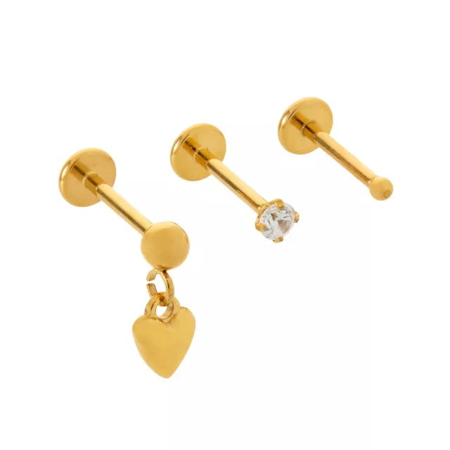 Multi-Pack CZ Goldtone Heart Labret Lip Rings 3 Pack - 18 Gauge at Spencer's