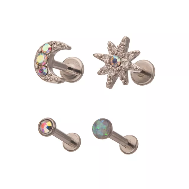 Multi-Pack CZ Sun and Moon Labret Lip Rings 4 Pack - 16 Gauge at Spencer's
