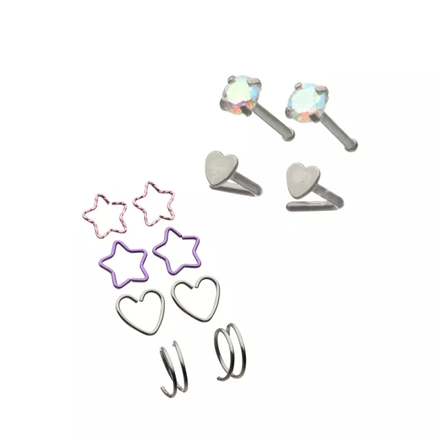 Multi-Pack CZ Star and Heart Shaped Nose Hoops and L-Bend Nose Rings 12 Pack - 20 Gauge at Spencer's