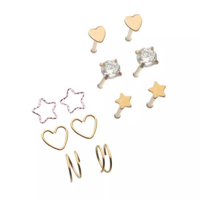 Multi-Pack Goldtone Heart Star Pin and Hoop Nose Rings 12 Pack - 20 Gauge at Spencer's