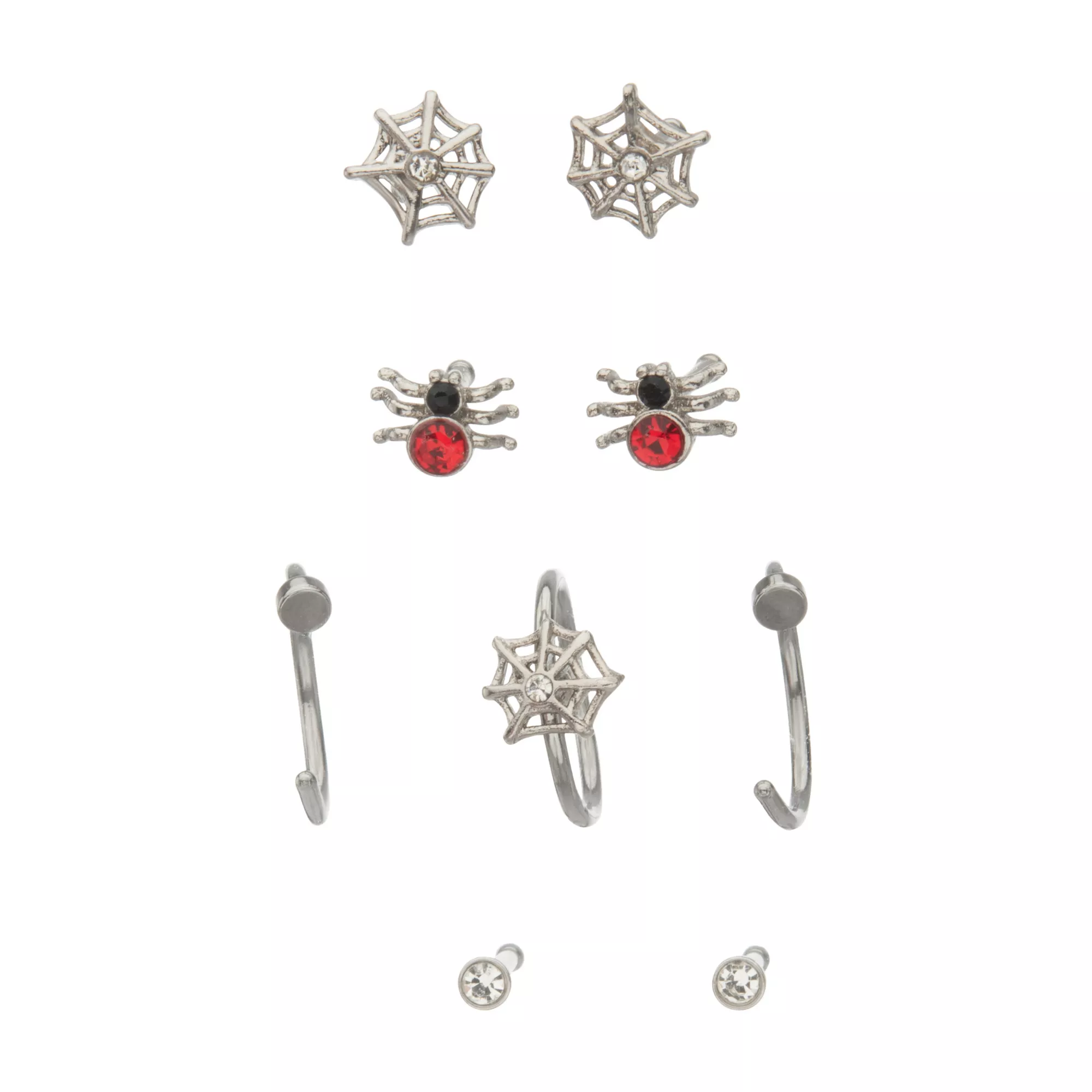 Multi-Pack CZ Spider and Spider Web Hoop and Pin Nose Rings 9 Pack - 20 Gauge