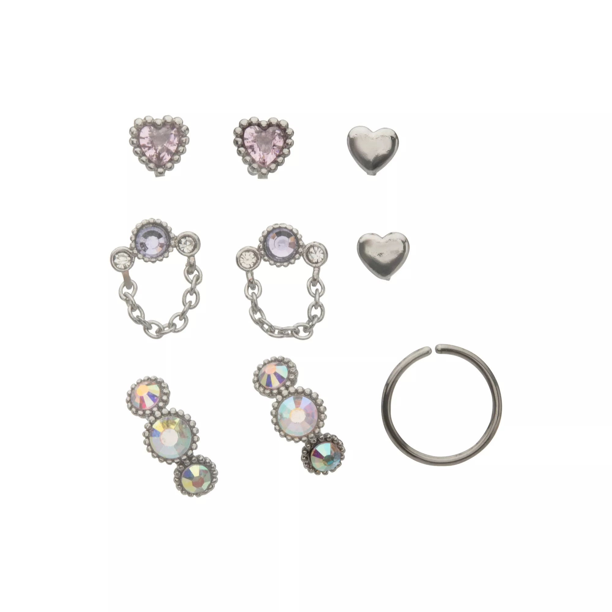 Multi-Pack CZ Pink and Purple Chain Nose Pins and Hoops 9 Pack - 20 Gauge at Spencer's
