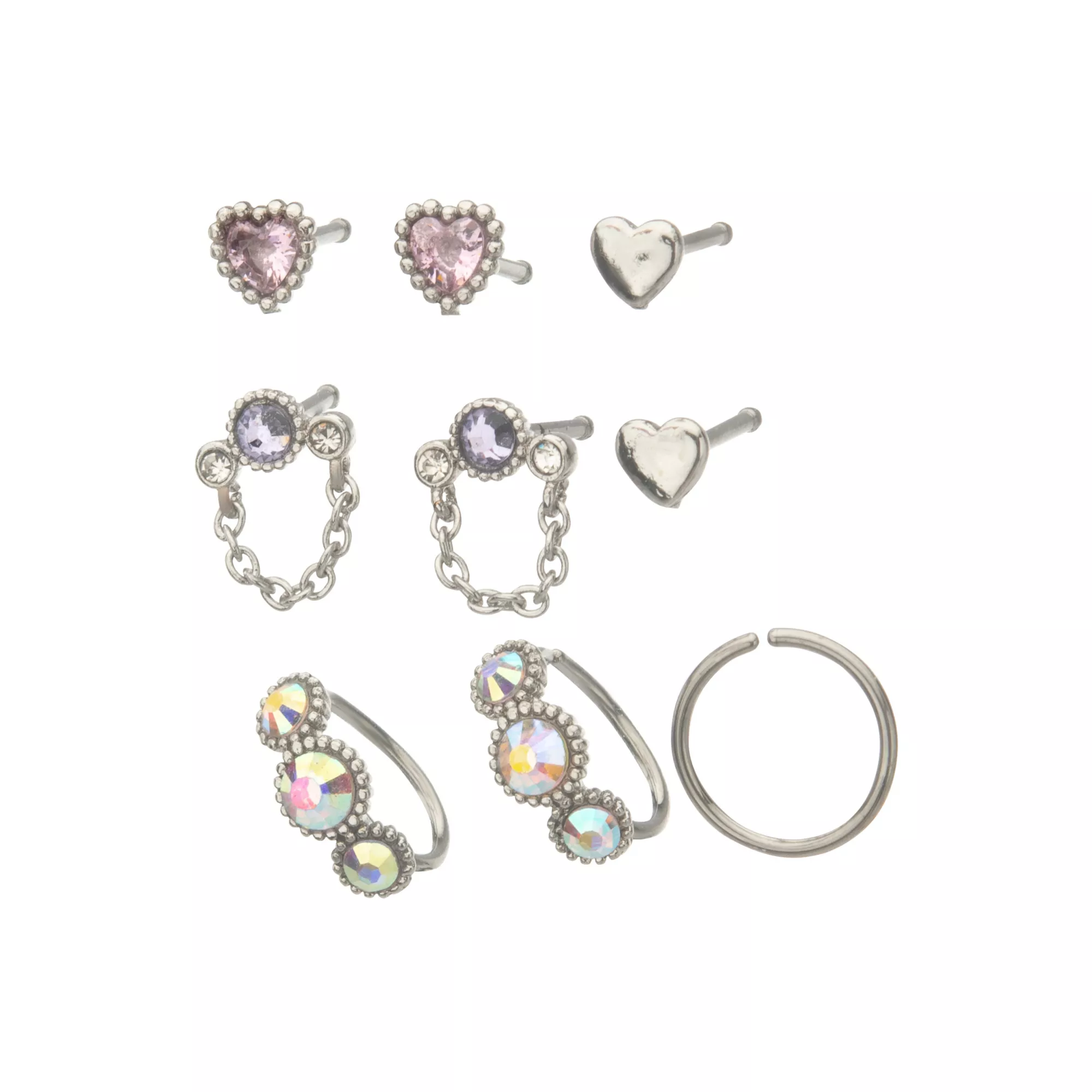 Multi-Pack CZ Pink and Purple Chain Nose Pins and Hoops 9 Pack - 20 Gauge at Spencer's