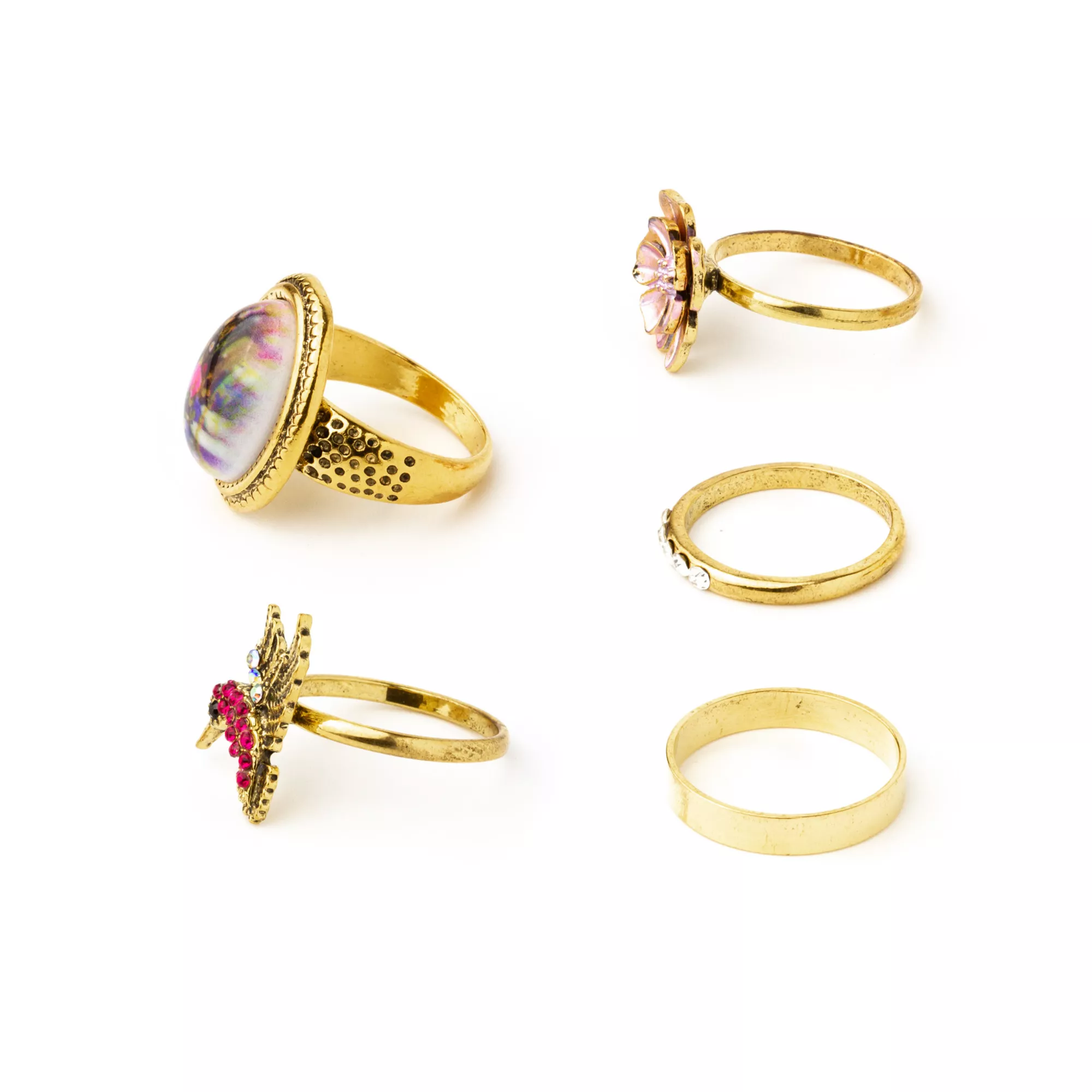 Goldtone Hummingbird Assorted Rings - 5 Pack at Spencer's