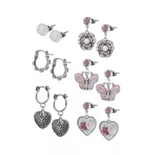 Multi-Pack Silver and Pink Butterfly Heart Earrings - 6 Pair at Spencer's
