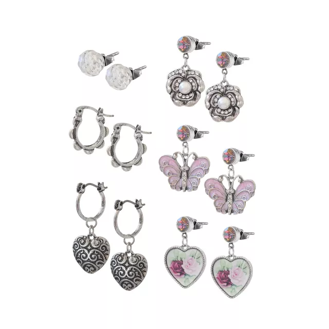 Multi-Pack Silver and Pink Butterfly Heart Earrings - 6 Pair at Spencer's