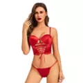 Red Satin Lace-Up Corset and G-String Panties Set at Spencer's