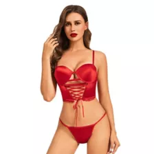 Red Satin Lace-Up Corset and G-String Panties Set at Spencer's