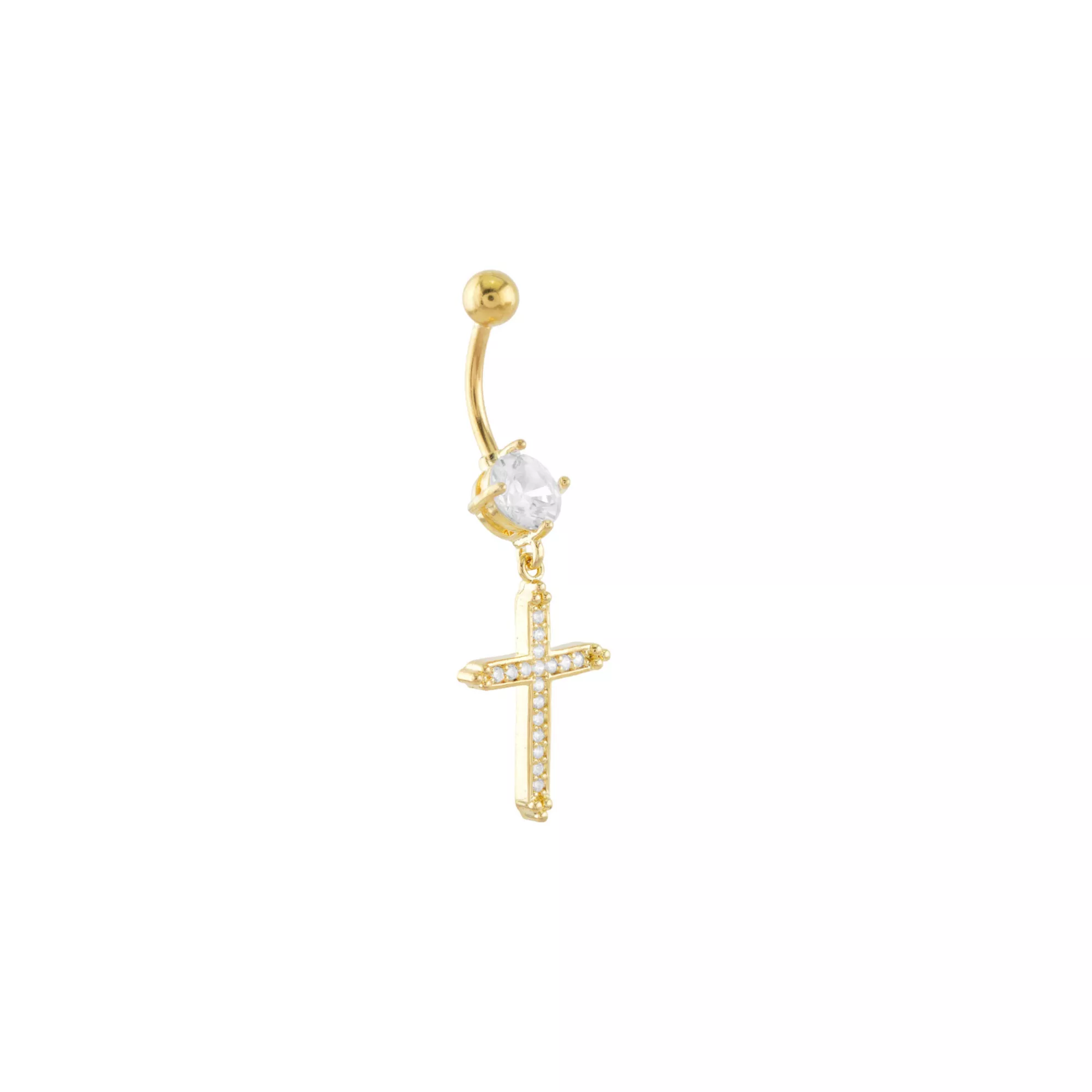 CZ Goldtone Cross Dangle Belly Ring - 14 Gauge