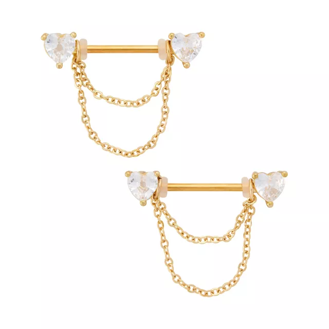 Titanium Goldtone Heart Dangle Chain Nipple Barbells - 14 Gauge