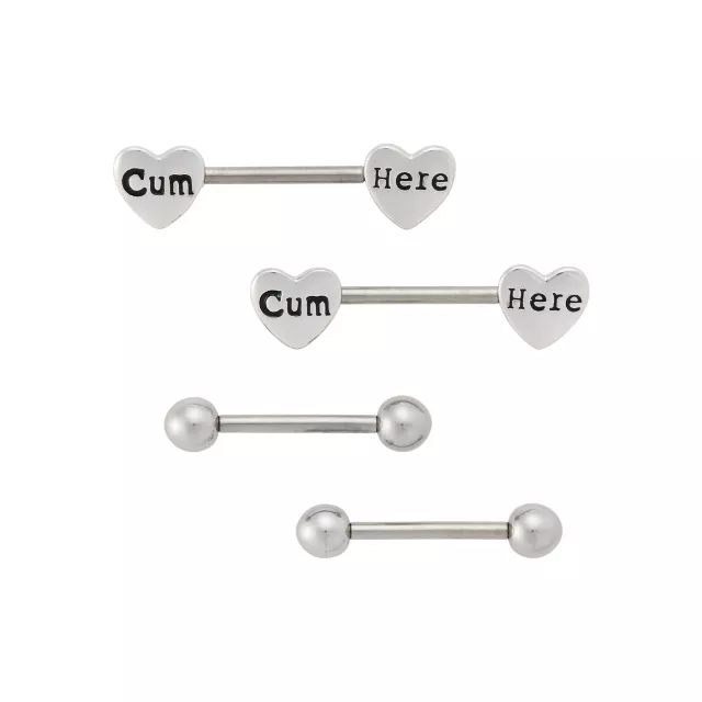 Multi-Pack Titanium Cum Here Heart Nipple Barbells 2 Pairs - 14 Gauge