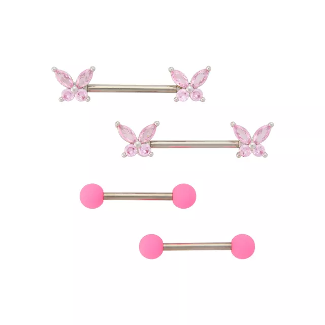 Multi-Pack Pink Butterfly Nipple Barbells 2 Pairs - 14 Gauge at Spencer's