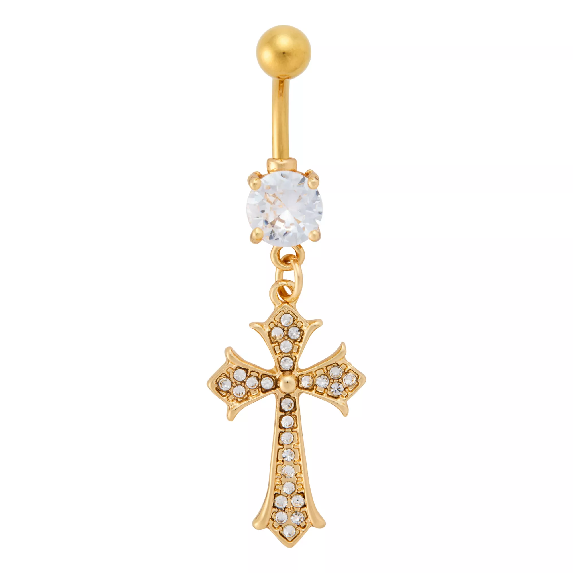 CZ Goldtone Titanium Cross Dangle Belly Ring - 14 Gauge