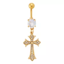 CZ Goldtone Titanium Cross Dangle Belly Ring - 14 Gauge at Spencer's
