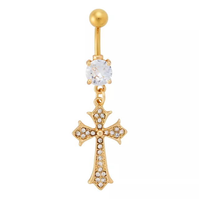 CZ Goldtone Titanium Cross Dangle Belly Ring - 14 Gauge
