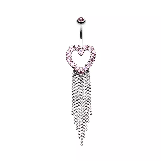 Pink CZ Heart Cluster Chain Dangle Belly Ring - 14 Gauge