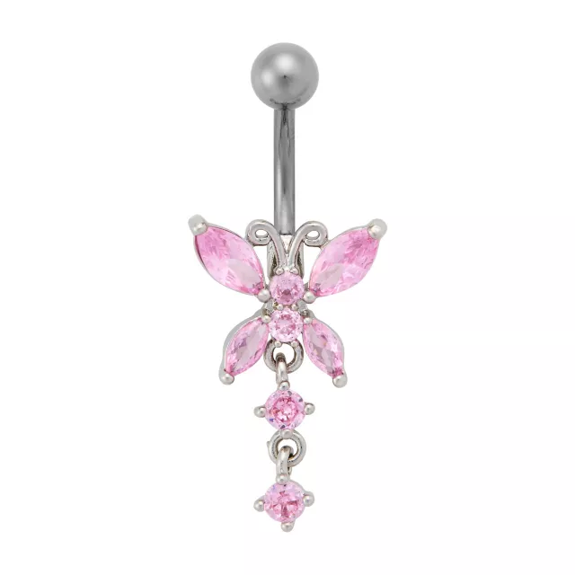 CZ Pink Butterfly Dangle Belly Ring - 14 Gauge at Spencer's