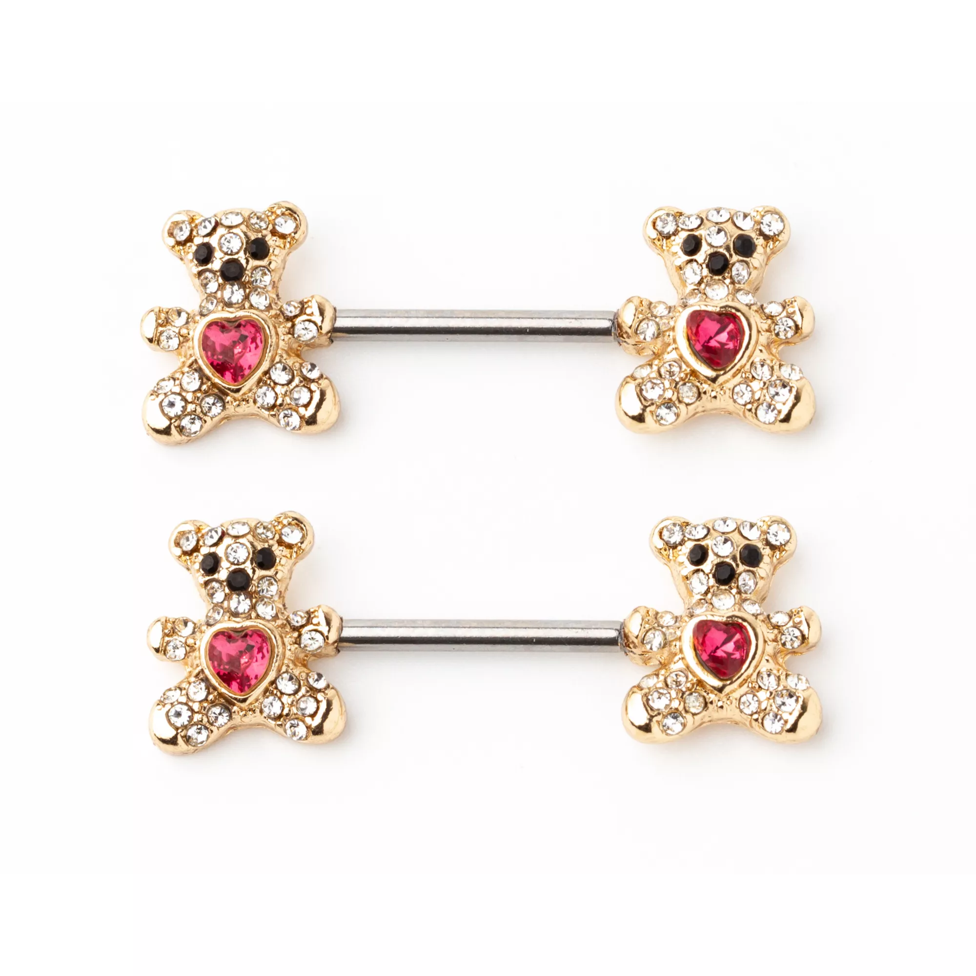 CZ Teddy Bear Goldtone Nipple Barbells - 14 Gauge