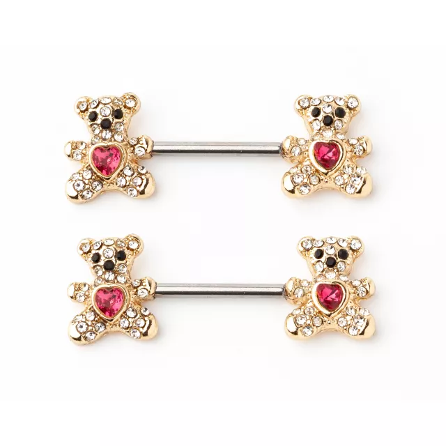 CZ Teddy Bear Goldtone Nipple Barbells - 14 Gauge at Spencer's