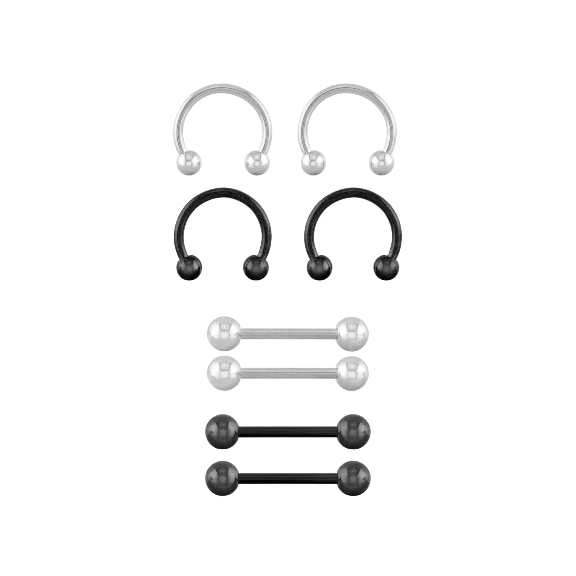 Multi-Pack Black and Silver-Tone Titanium Nipple Barbells and Horseshoe Rings 4 Pair - 14 Gauge at Spencer's
