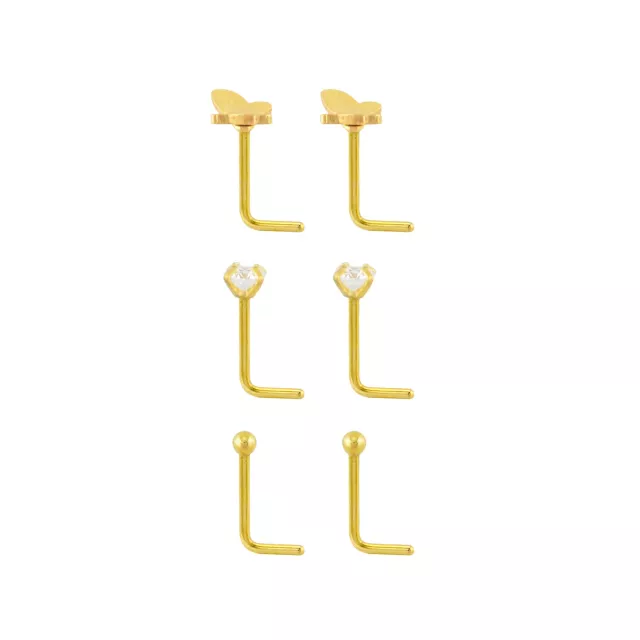 Multi-Pack CZ 14K Gold Butterfly L-Bend Nose Pins 6 Pack - 20 Gauge at Spencer's