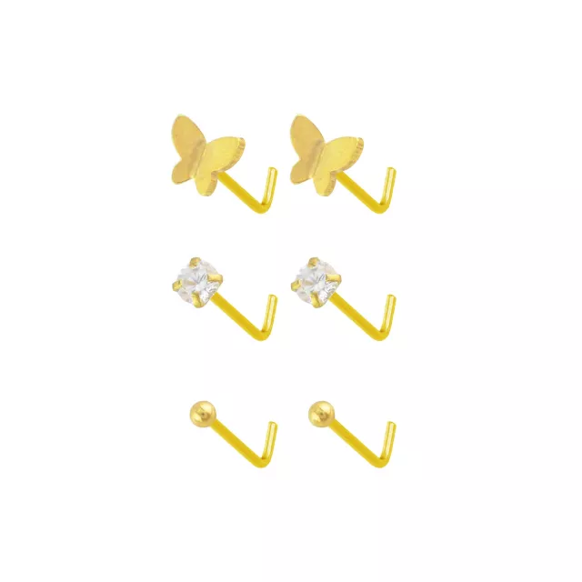 Multi-Pack CZ 14K Gold Butterfly L-Bend Nose Pins 6 Pack - 20 Gauge at Spencer's