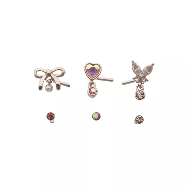 Multi-Pack Aurora Borealis Effect Bow Heart L-Bend and Pin Nose Rings 6 Pack - 20 Gauge at Spencer's