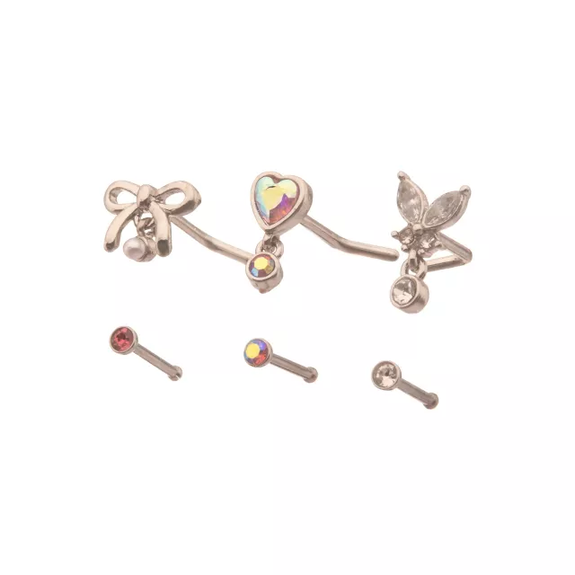 Multi-Pack Aurora Borealis Effect Bow Heart L-Bend and Pin Nose Rings 6 Pack - 20 Gauge at Spencer's