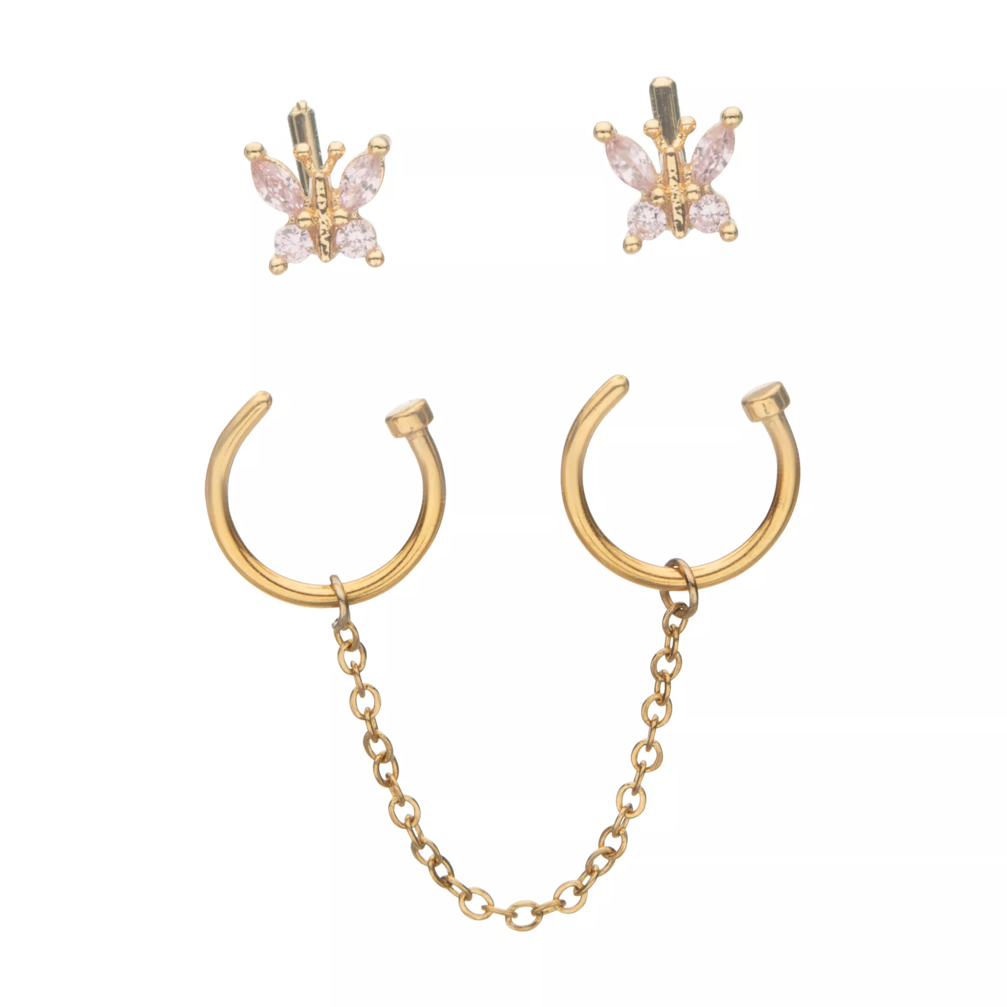 Multi-Pack CZ Goldtone Butterfly L-Bend and Horseshoe Nose Rings 4 Pack - 18 Gauge at Spencer's
