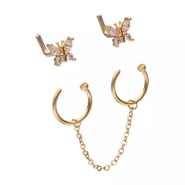 Multi-Pack CZ Goldtone Butterfly L-Bend and Horseshoe Nose Rings 4 Pack - 18 Gauge at Spencer's