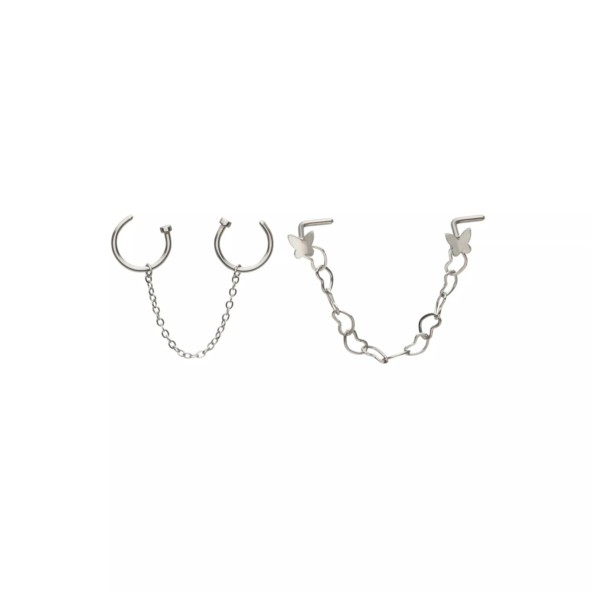 Multi-Pack Silvertone Butterfly Dangle Chain L-Bend and Half Hoop Nose Rings 4 Pack - 18 Gauge