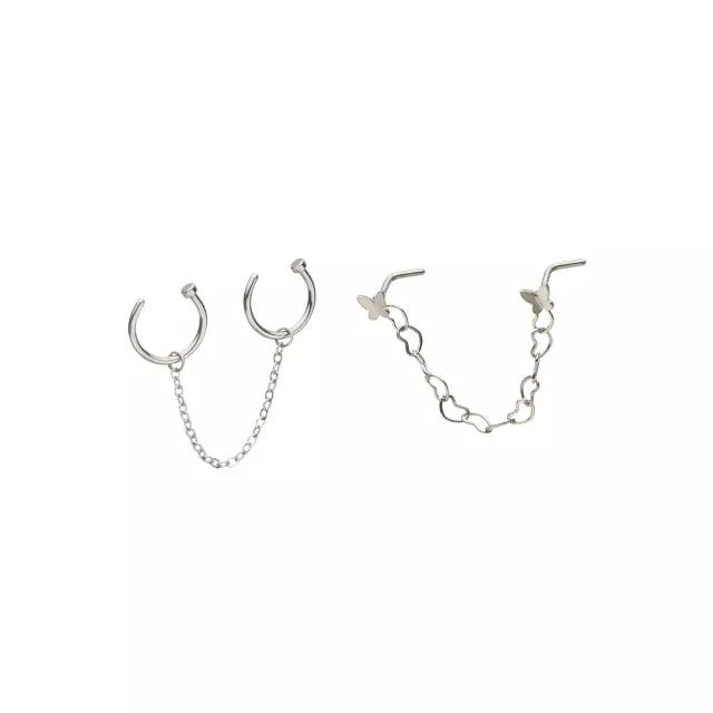 Multi-Pack Silvertone Butterfly Dangle Chain L-Bend and Half Hoop Nose Rings 4 Pack - 18 Gauge at Spencer's