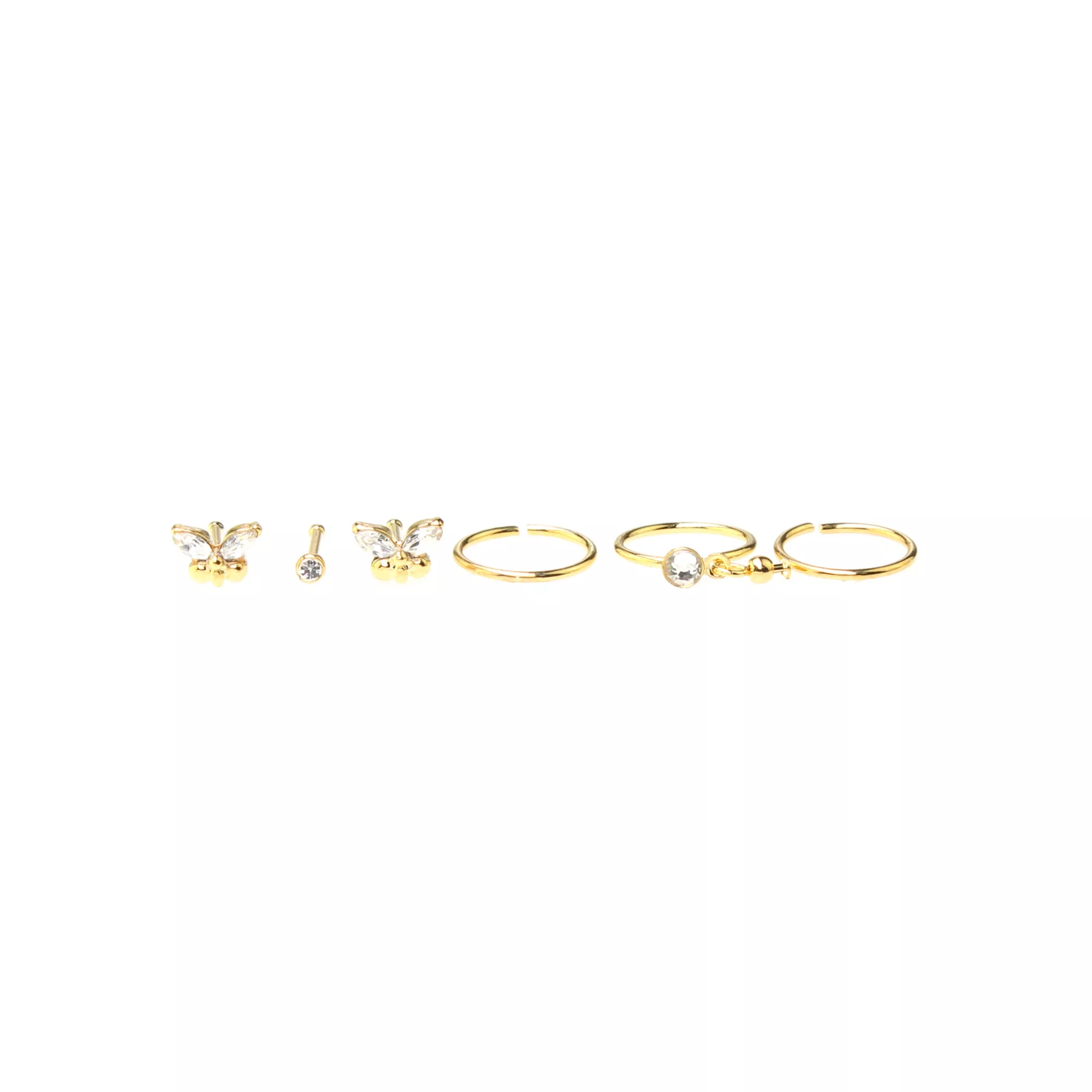 Multi-Pack Gold-Tone Butterfly Nose Pins and Hoop Nose Rings - 6 Pack at Spencer's