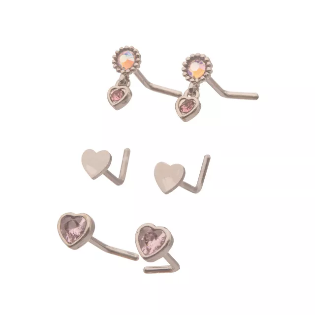 Multi-Pack CZ L-Bend Pink Heart Nose Rings 6 Pack - 20 Gauge at Spencer's