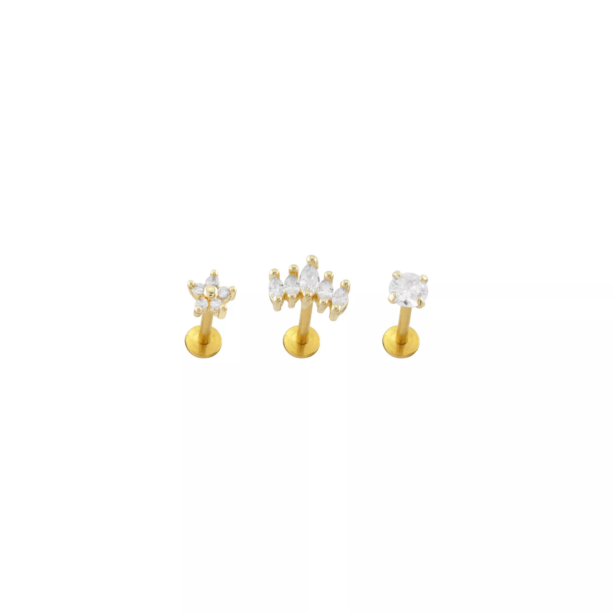 Multi-Pack CZ Shape Gold-Plated Labret Lip Rings - 3 Pack