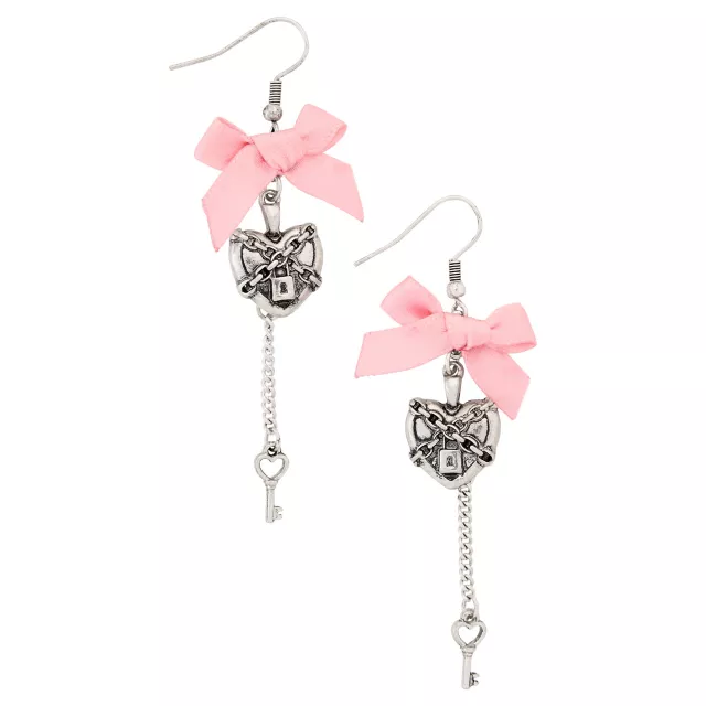 Bow Heart Lock and Key Dangle Earrings at Spencer's