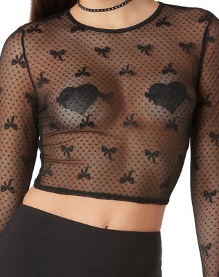 Black Bow Print Lace Mesh Top