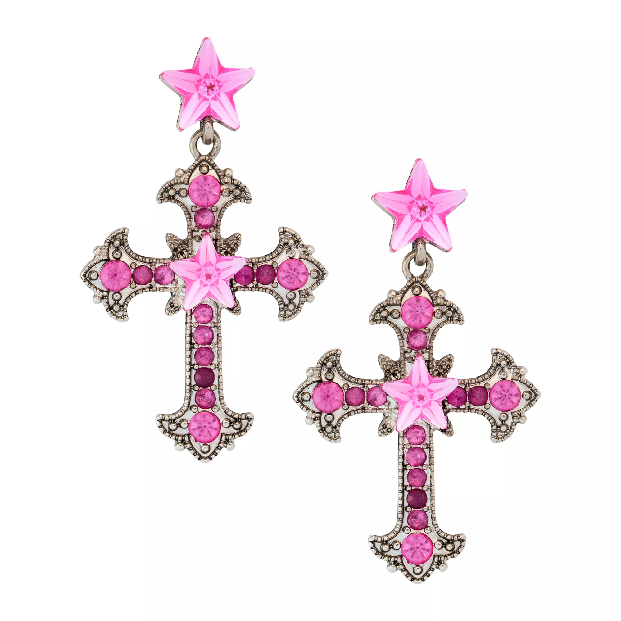 Silvertone and Pink Star Bling Cross Dangle Earrings at Spencer's